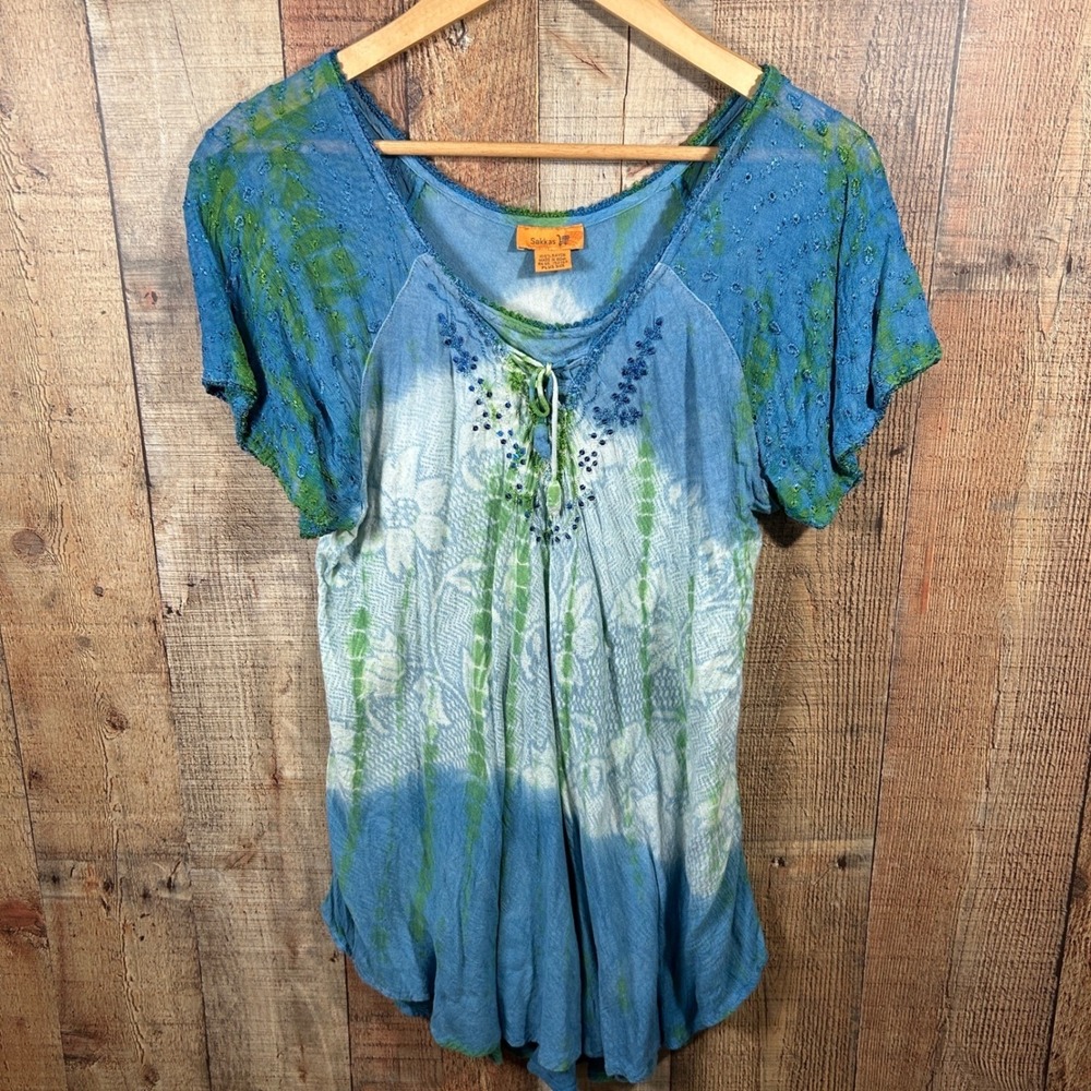 Sakkas Boho Tie Dye Embroidered Beaded Tunic Top Beach Plus Size Blue Green